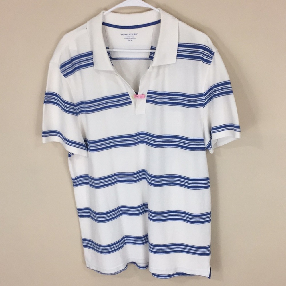 Banana Republic Fitted Polo White and Blue Stripes Size XL